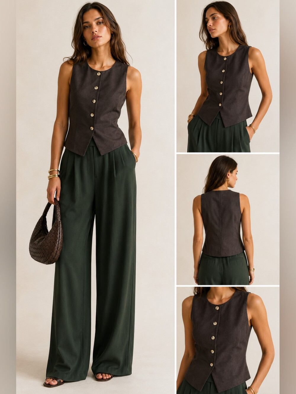 Caroline Constas Brown Linen Lyocell Button Front Vest NWT XS